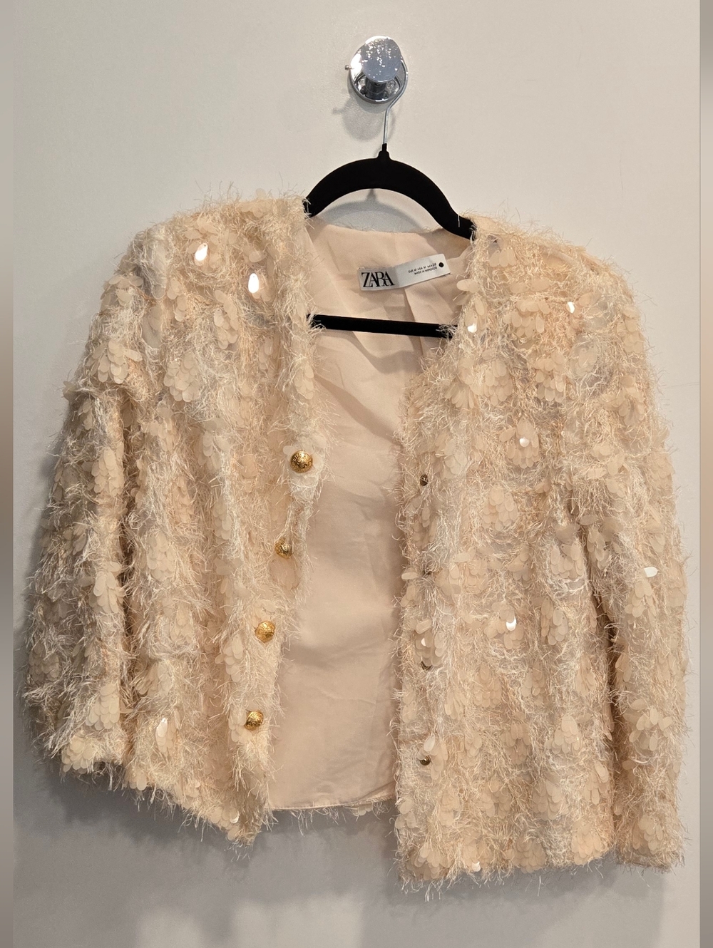 Zara Women's Cream Sequin Fringe Jacket